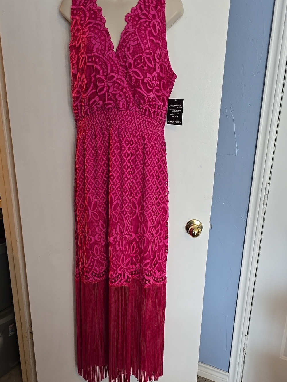 Boston Proper Very Berry Lace V-Neck Maxi Dress w Fringe Hem Sleeveless L NWT - Picture 5 of 11